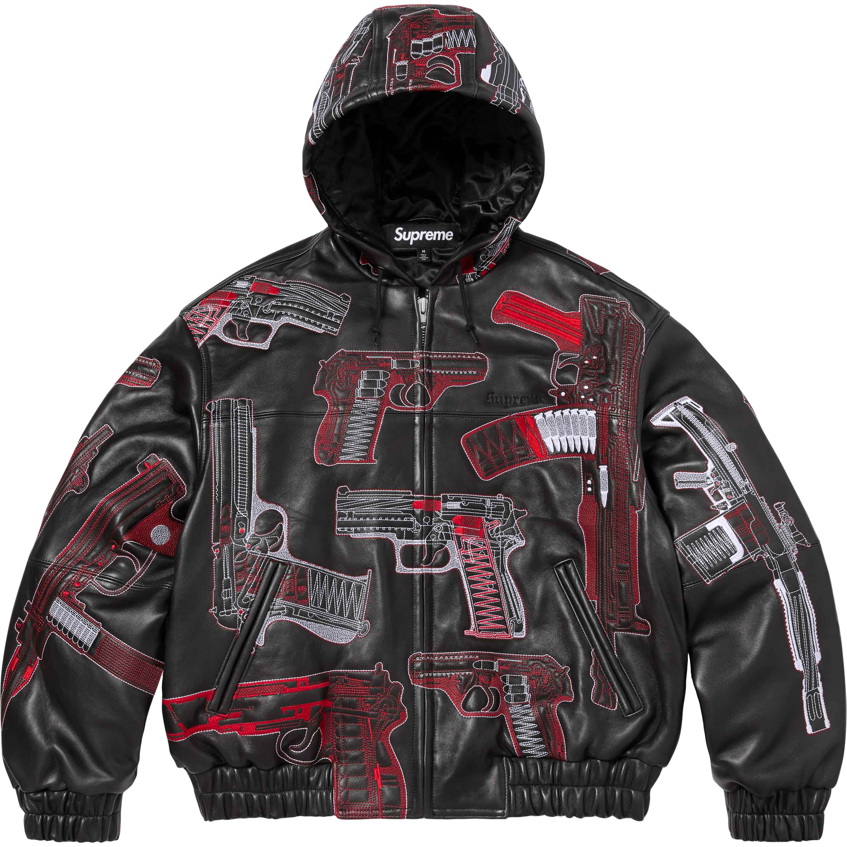 Guns Embroidered Hooded Leather Jacket view 8